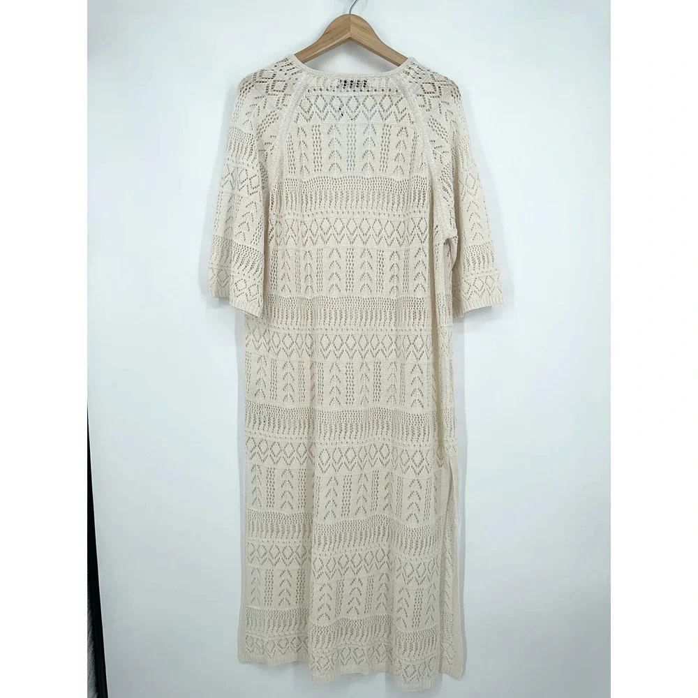 ZARA Crochet Maxi Dress Sheer Open Knit Long Sleeve Beach Cover Up Dress, Cream - Picture 10 of 14
